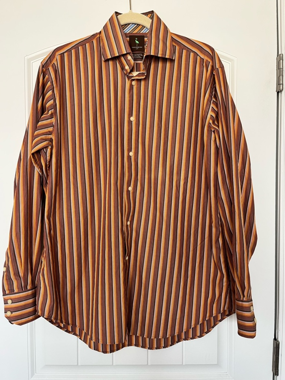 Tailorbyrd Long-Sleeve Striped Dress Shirt in Brown & Orange Size Large